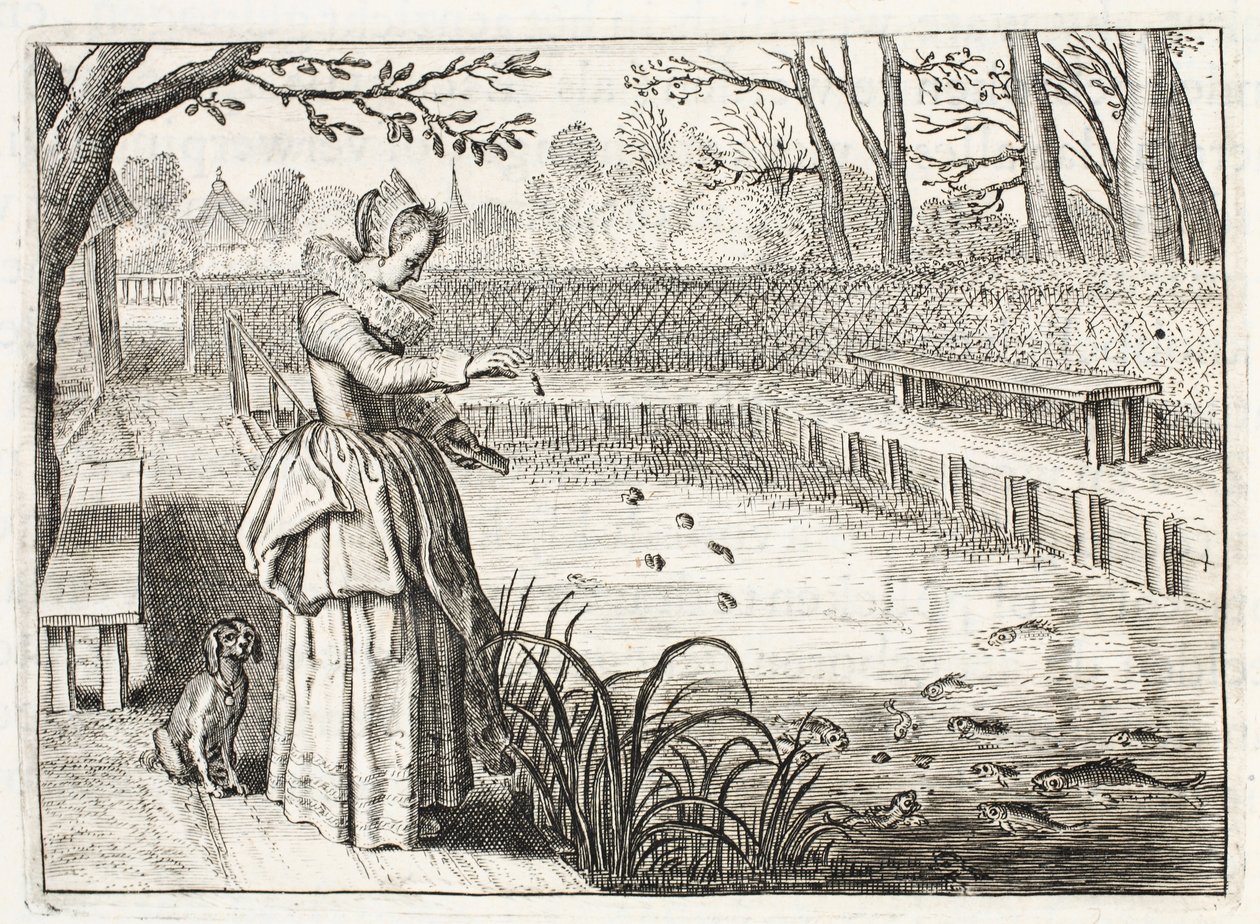 Karmienie ryb, ilustracja z „Emblemata of Zinne-werk” Johannesa de Brune (1589-1658), Jan Jacobs Schipper, Amsterdam, 1661 autorstwa Adriaen Pietersz van de Venne