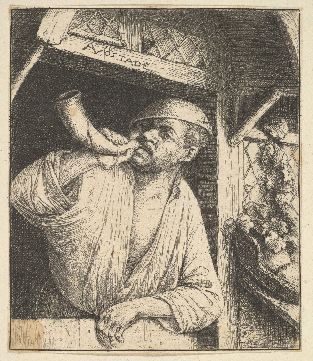 Dmuchający Róg Piekarza, 1610-85. autorstwa Adriaen Jansz. van Ostade