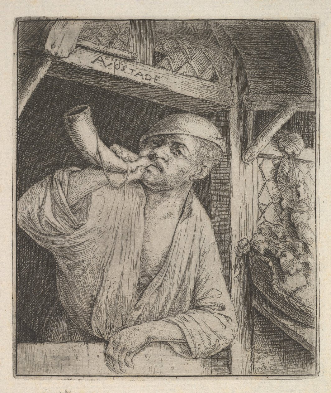 Dmuchający Róg Piekarza, 1610-85. autorstwa Adriaen Jansz. van Ostade