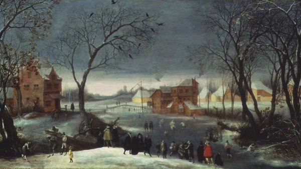 Zimowy krajobraz z łyżwiarzami (panel) autorstwa Adriaen van Stalbemt