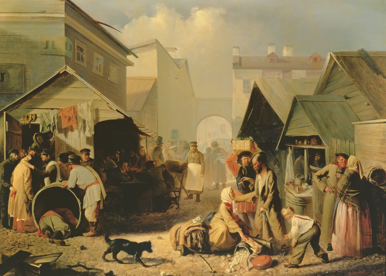Stoisko z przekąskami w Petersburgu, 1858 r. autorstwa Adrian Markovich Volkov