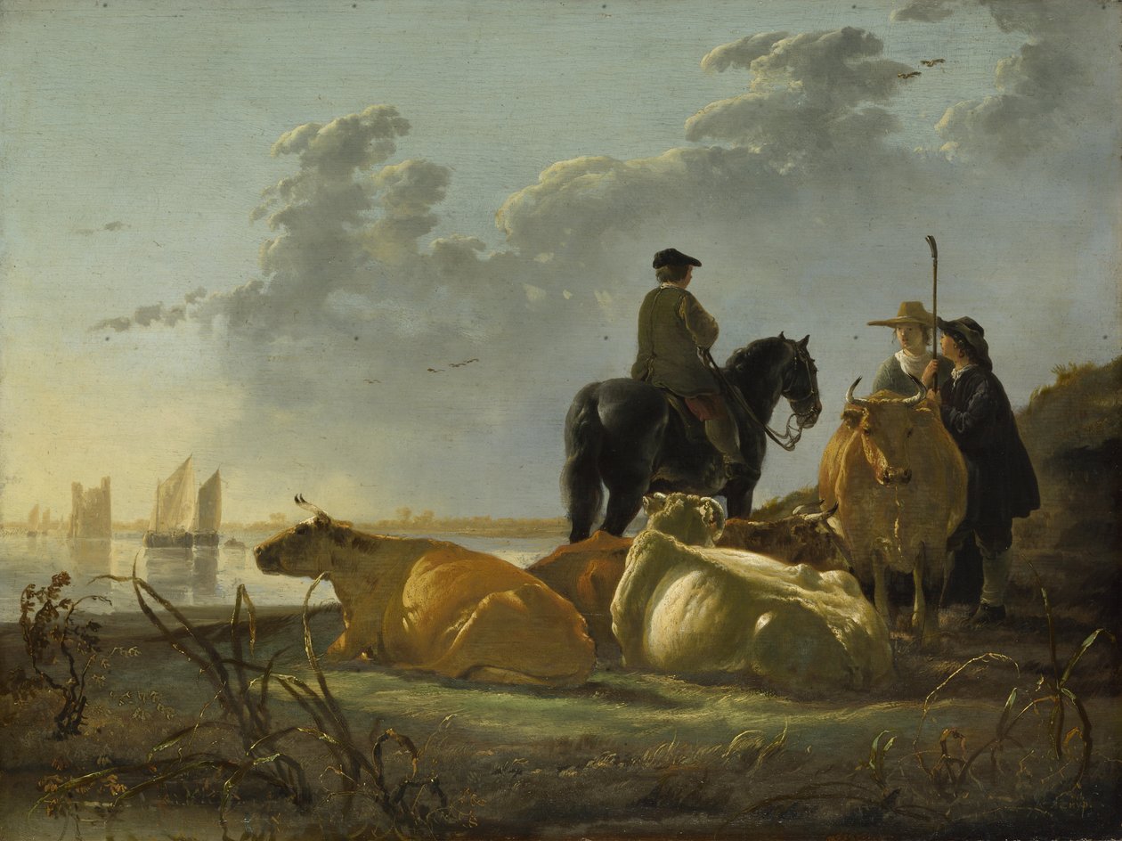 Chłopi z czterema krowami nad rzeką Merwede autorstwa Aelbert Cuyp