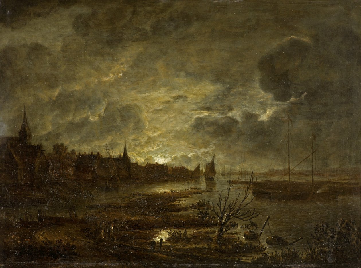 Wioska nad rzeką przy świetle księżyca, ok. 1645-1700 autorstwa Aert van der Neer