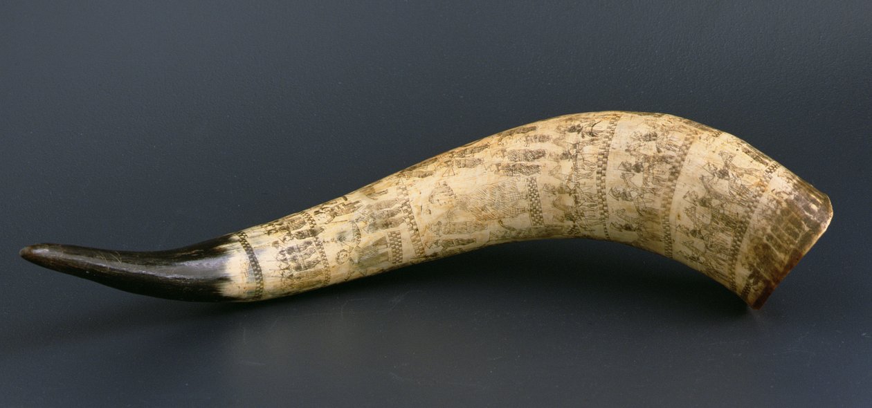 Róg krowy z wygrawerowanymi scenami z wojny Anglo-Zulu, North Nguni Południowo-Wschodnia Afryka, ok. 1879 r. (róg krowy) autorstwa African