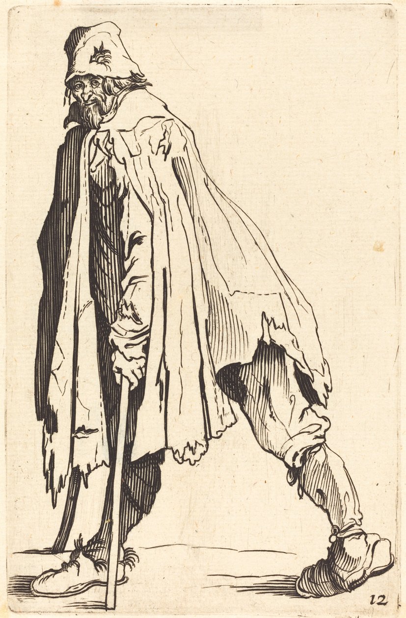 Żebrak z kulami i czapką autorstwa After Jacques Callot