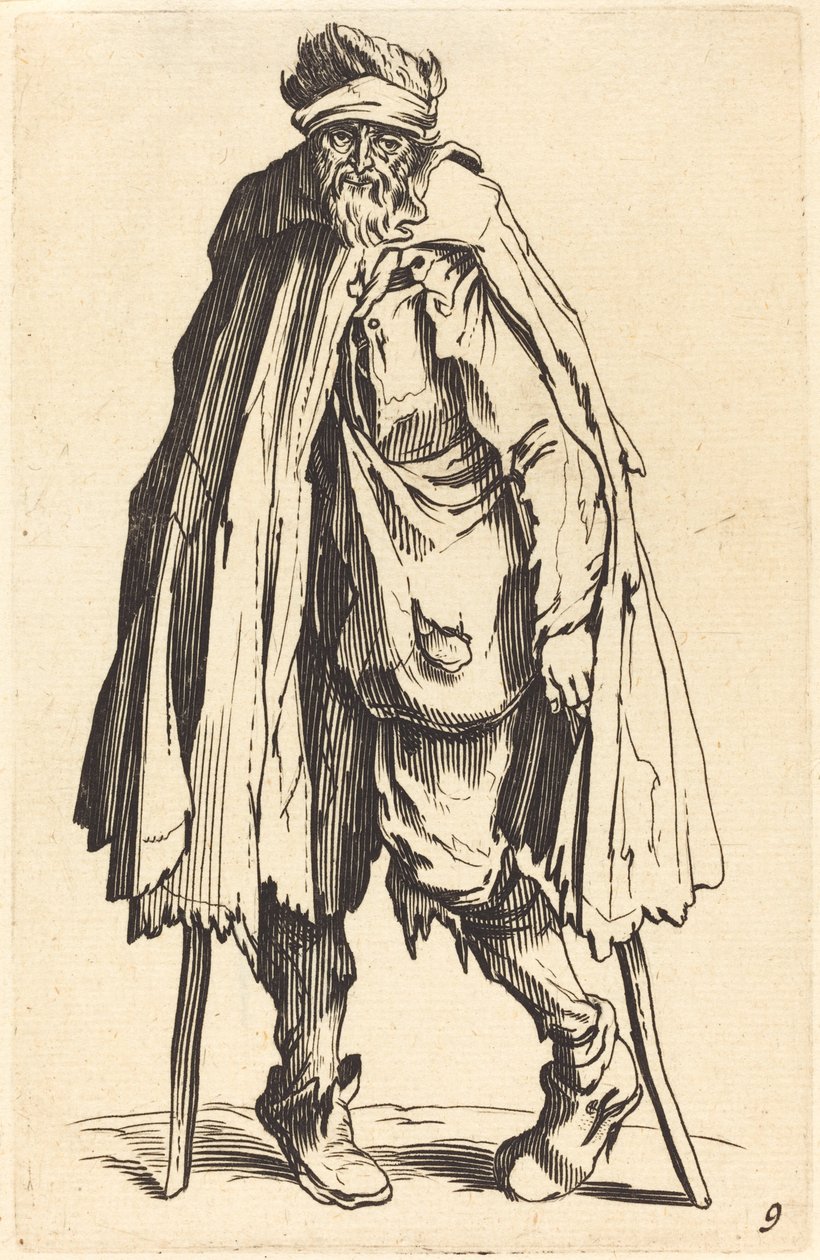 Żebrak z kulami i workiem autorstwa After Jacques Callot