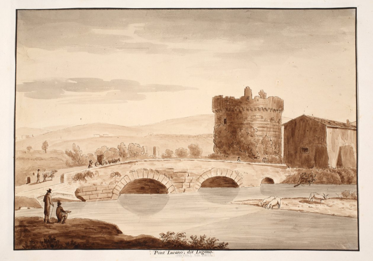 Ponte Lucano, lub Lugano, 1883 (akwaforta z brązową farbą) autorstwa Agostino Tofanelli