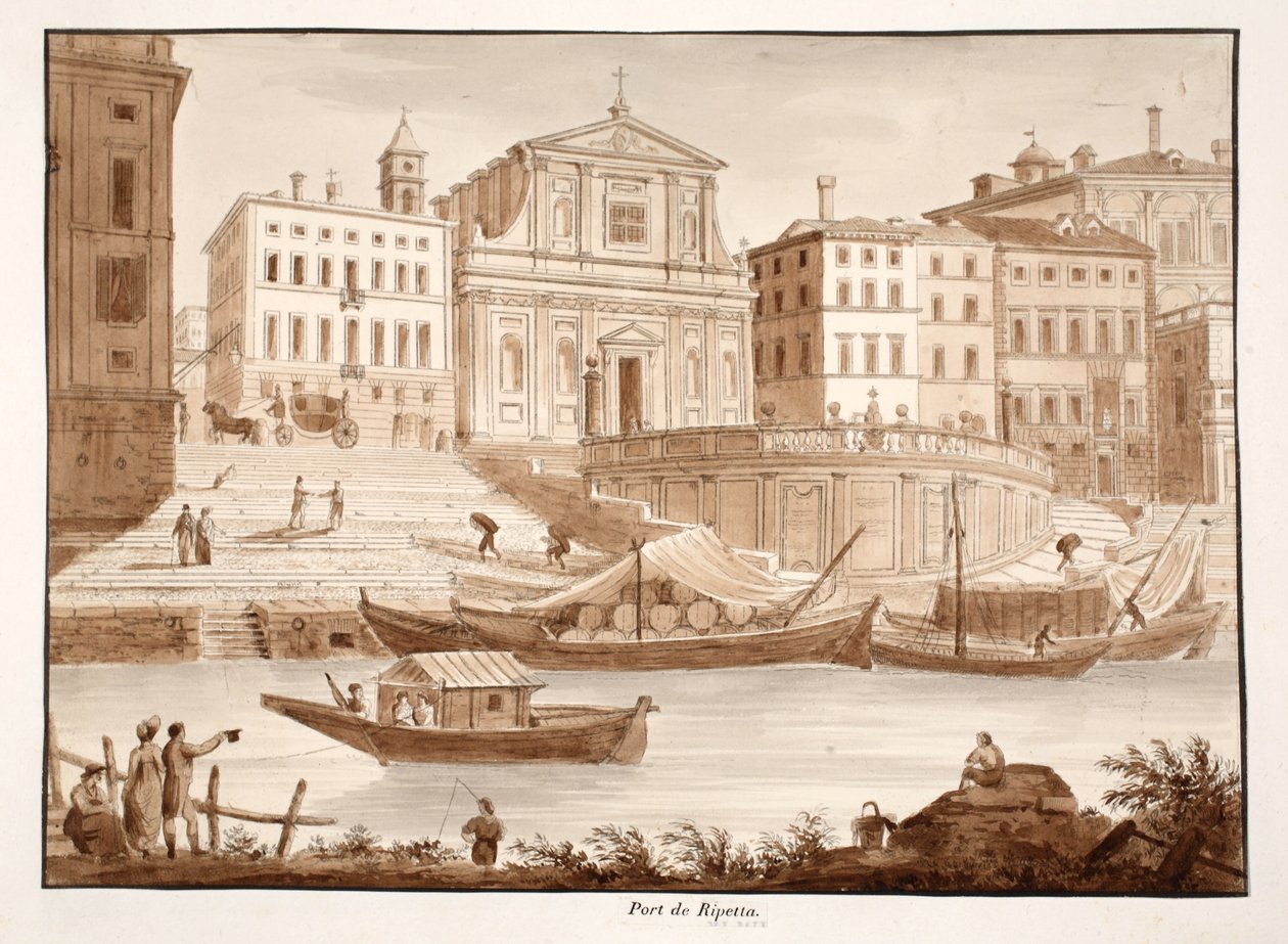Port Ripetta, 1833 (akwaforta z brązowym washem) autorstwa Agostino Tofanelli