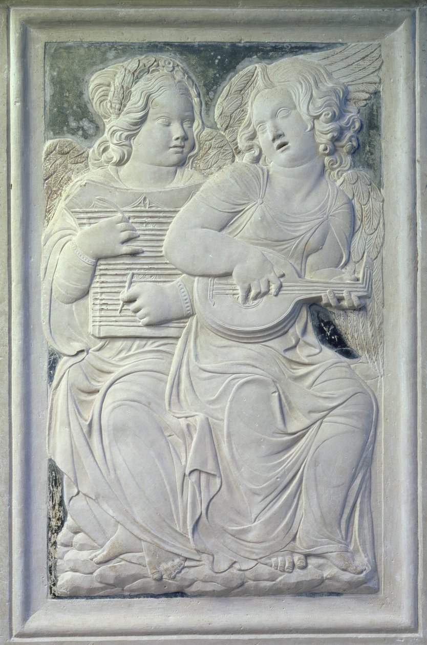 Dwa putta z fryzu muzycznych aniołów w kaplicy Isotta degli Atti, ok.1450 (marmur) autorstwa Agostino di Duccio