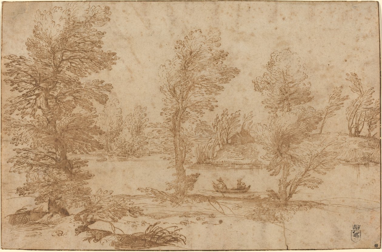 Rzeka leśna z łodzią autorstwa Agostino Carracci