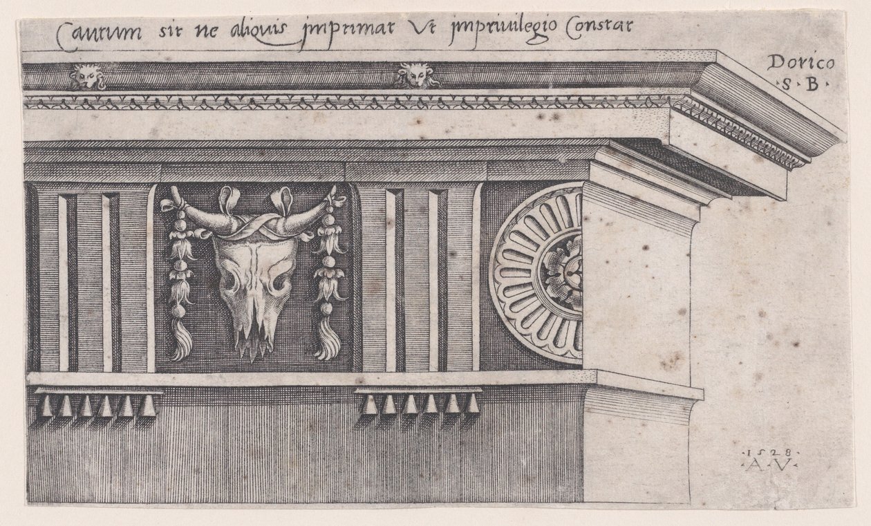Belkowanie doryckie, datowane na 1528 r. autorstwa Agostino Veneziano
