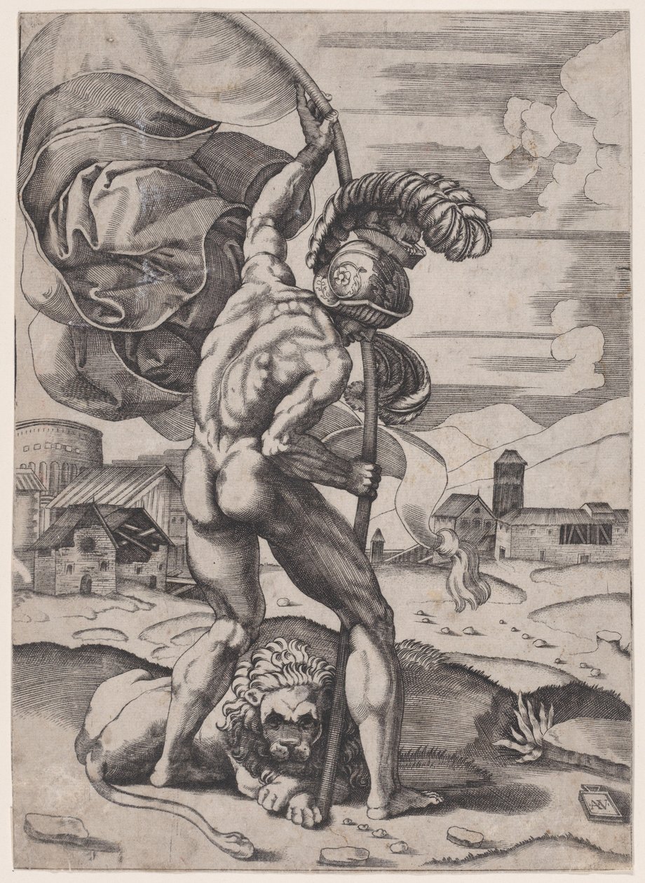Człowiek z flagą, ca. 1514-36. autorstwa Agostino Veneziano
