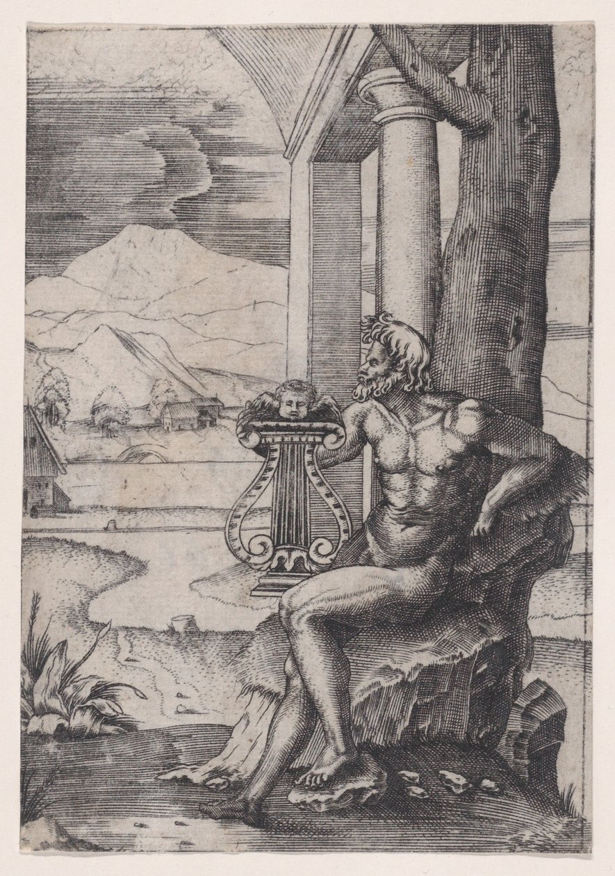 Człowiek z lirą, ca. 1514-36. autorstwa Agostino Veneziano