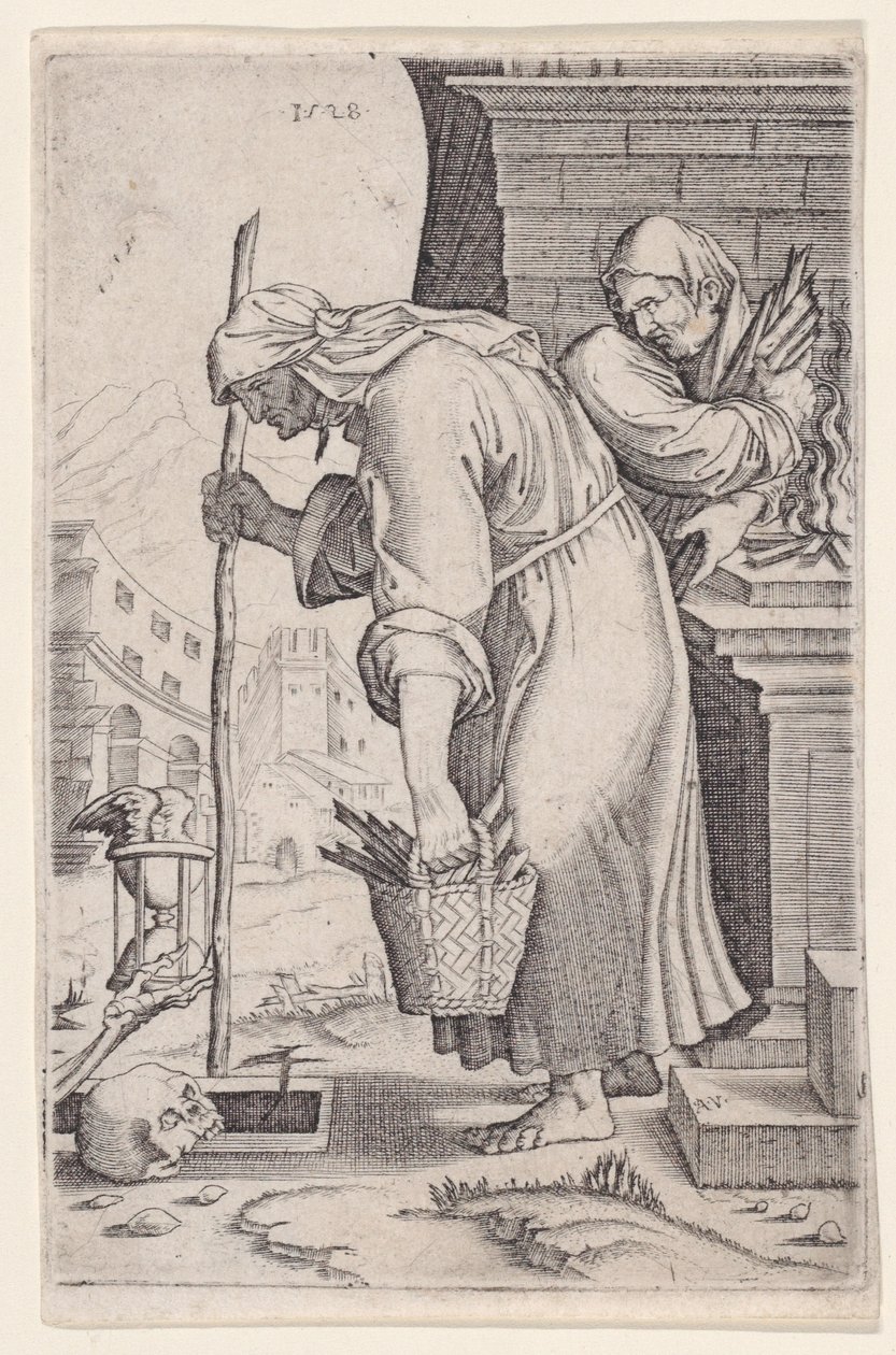 Stara kobieta zbliżająca się do grobu, dat. 1528. autorstwa Agostino Veneziano