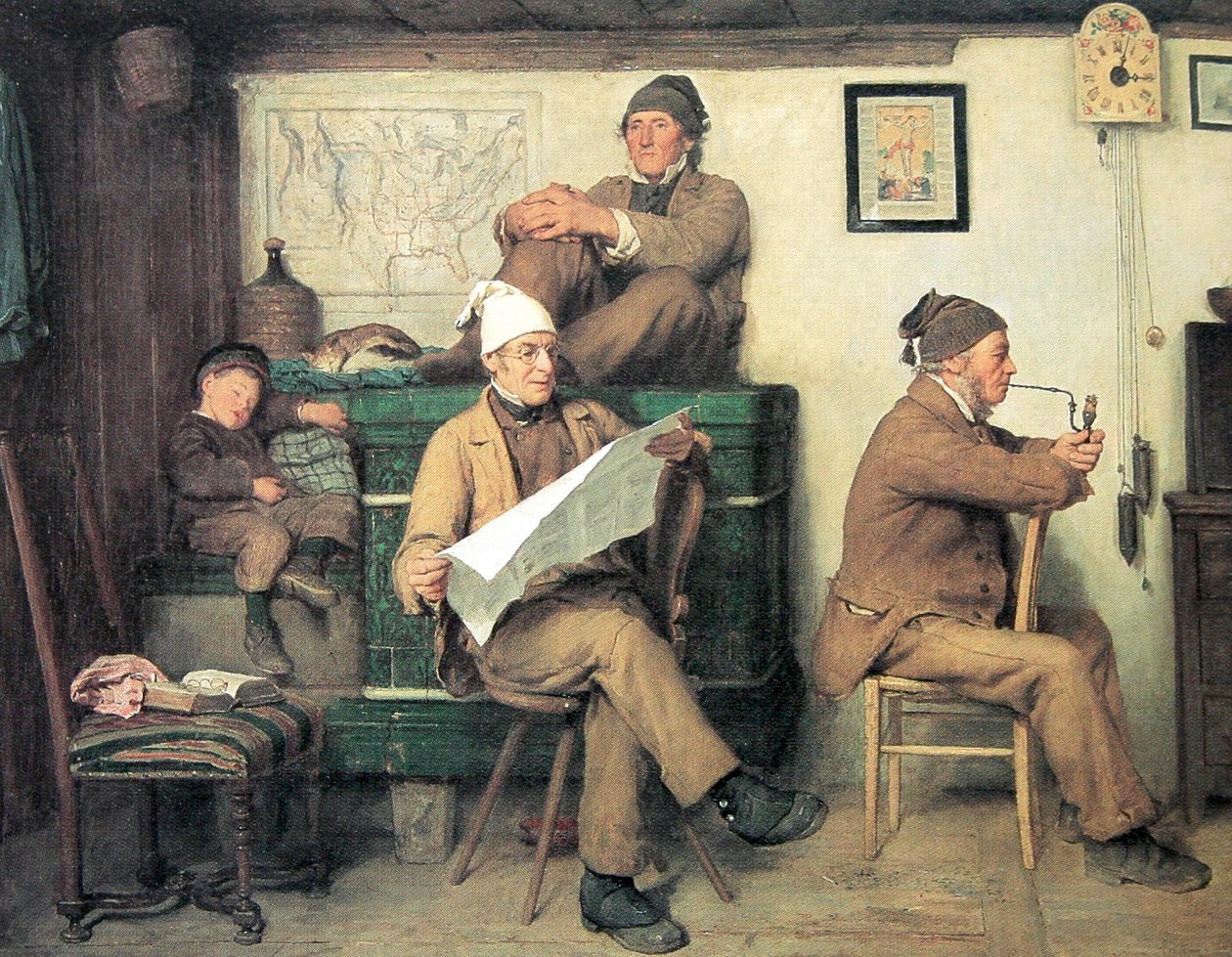 Rolnicy i gazeta autorstwa Albert Anker