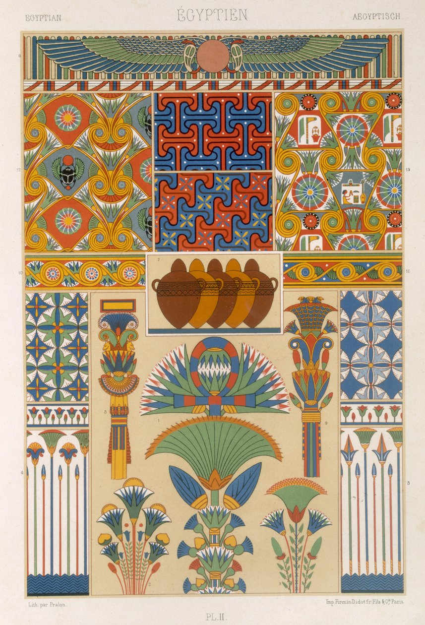 Styl egipski, tablica II z „Ozdoby polichromowane”, sztych. Pralon, wyd. Paryż, 1869 autorstwa Albert Charles August Racinet