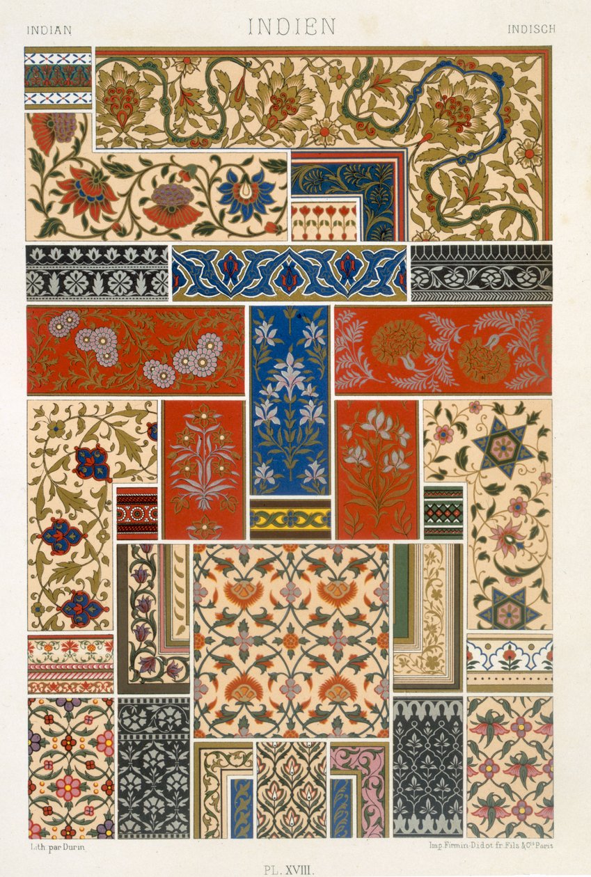 Styl indyjski, tablica XVIII z "Ornamentu polichromowanego" wygrawerowana przez F. Durin, opublikowana w Paryżu, 1869. autorstwa Albert Charles August Racinet