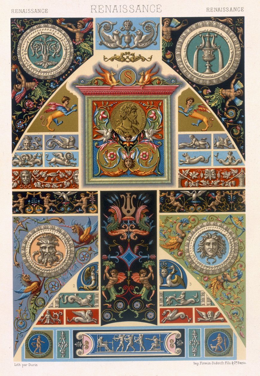 Styl renesansowy, tablica LIL z "Ornamentu polichromowanego" ryt. F. Durin, wyd. Paryż, 1869 autorstwa Albert Charles August Racinet