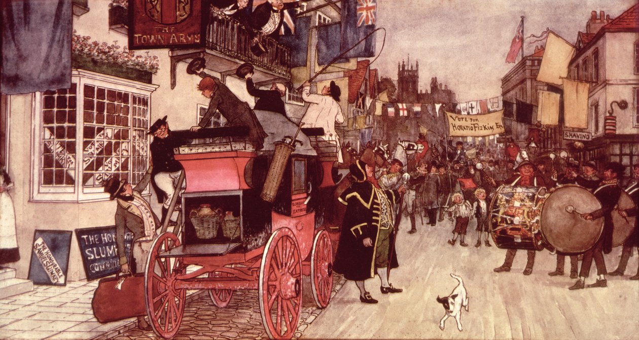 Parada wyborcza w Eatanswill, z „The Pickwick Papers” autorstwa Albert Jnr. Ludovici