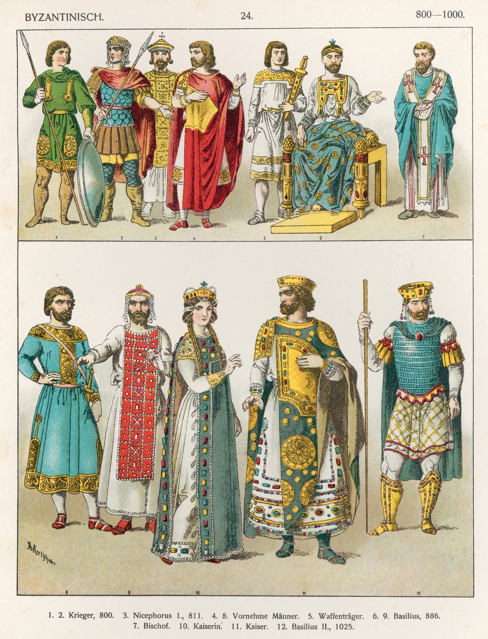 Sukienka na dworze bizantyjskim, 800-1000, z „Trachten der Voelker”, 1864 autorstwa Albert Kretschmer