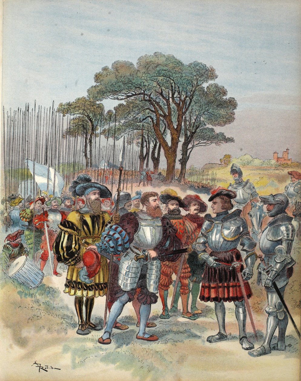 Szwajcarzy żądają zapłaty w Bicocca, ilustracja z „Francois Ier: Le Roi Chevalier, George G. Toudouze, wyd. 1909 autorstwa Albert Robida