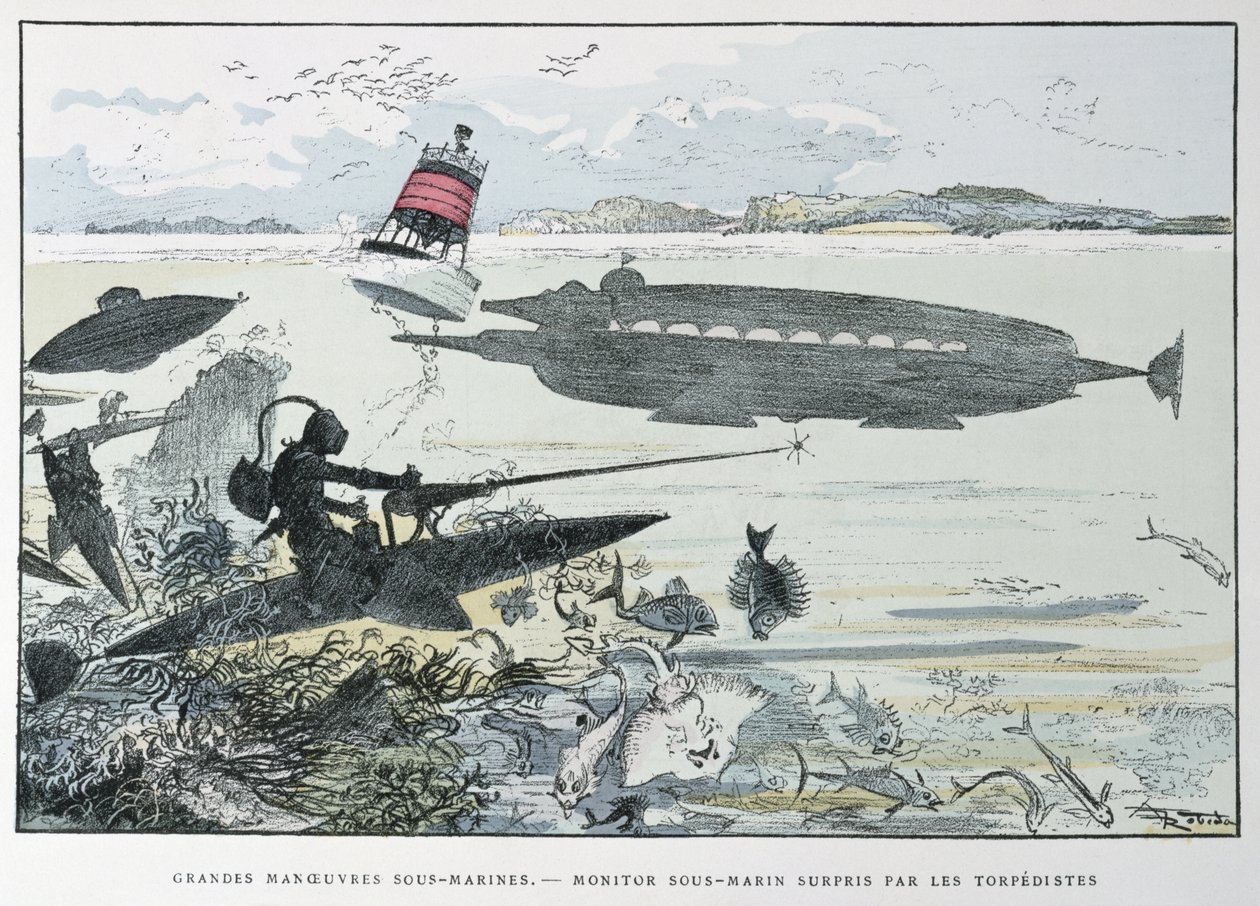 Manewry podwodne, z „Le XXe Siecle, La Vie Electrique”, c.1890 autorstwa Albert Robida