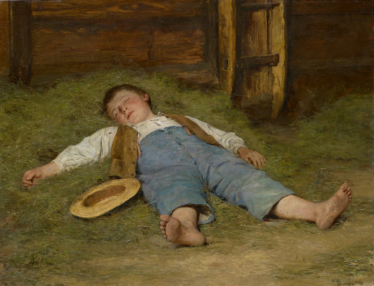 Chłopiec śpi w sianie, 1891-97 autorstwa Albert Anker