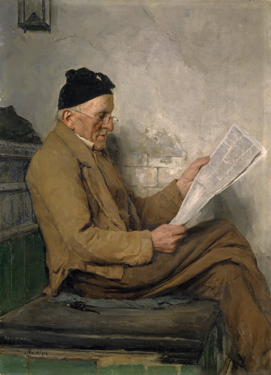 Farmer czytanie na ławce w piecu autorstwa Albert Anker