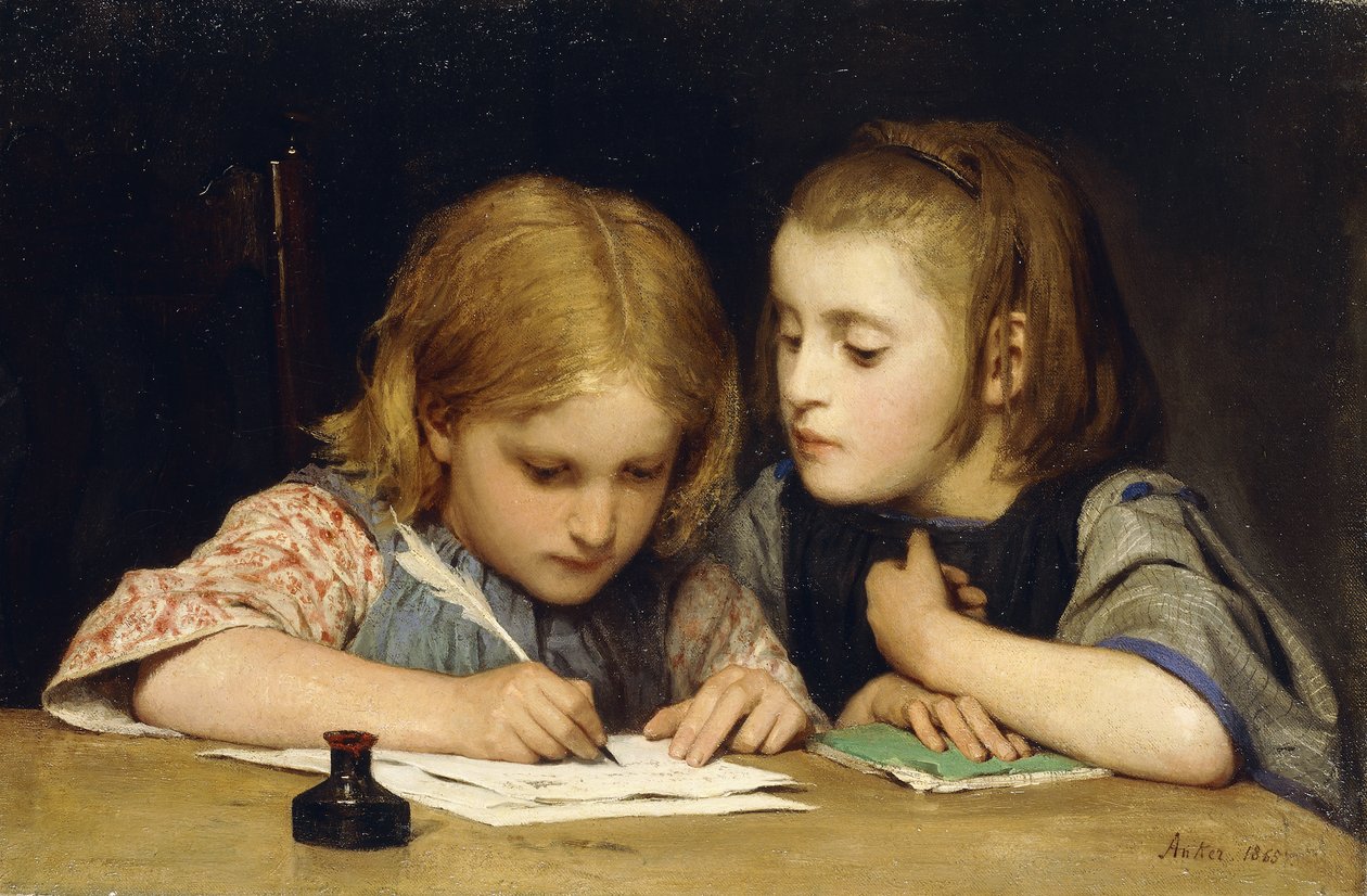 Lekcja; Lekcja pisania, 1865 autorstwa Albert Anker