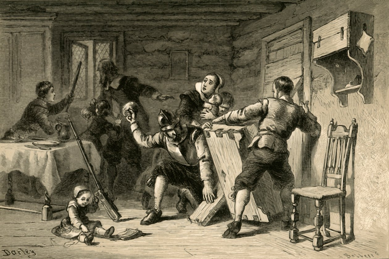 Purytanie barykadują swój dom przed Indianami, 1877. autorstwa Albert Bobbett
