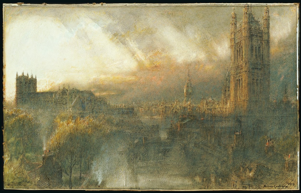 Westminster z dachu domu, 1915 autorstwa Albert Goodwin