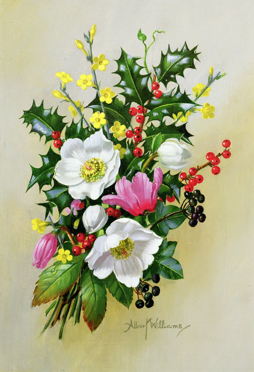 Spray z Dogrose, Holly, Jemioły i Larkspur autorstwa Albert Williams