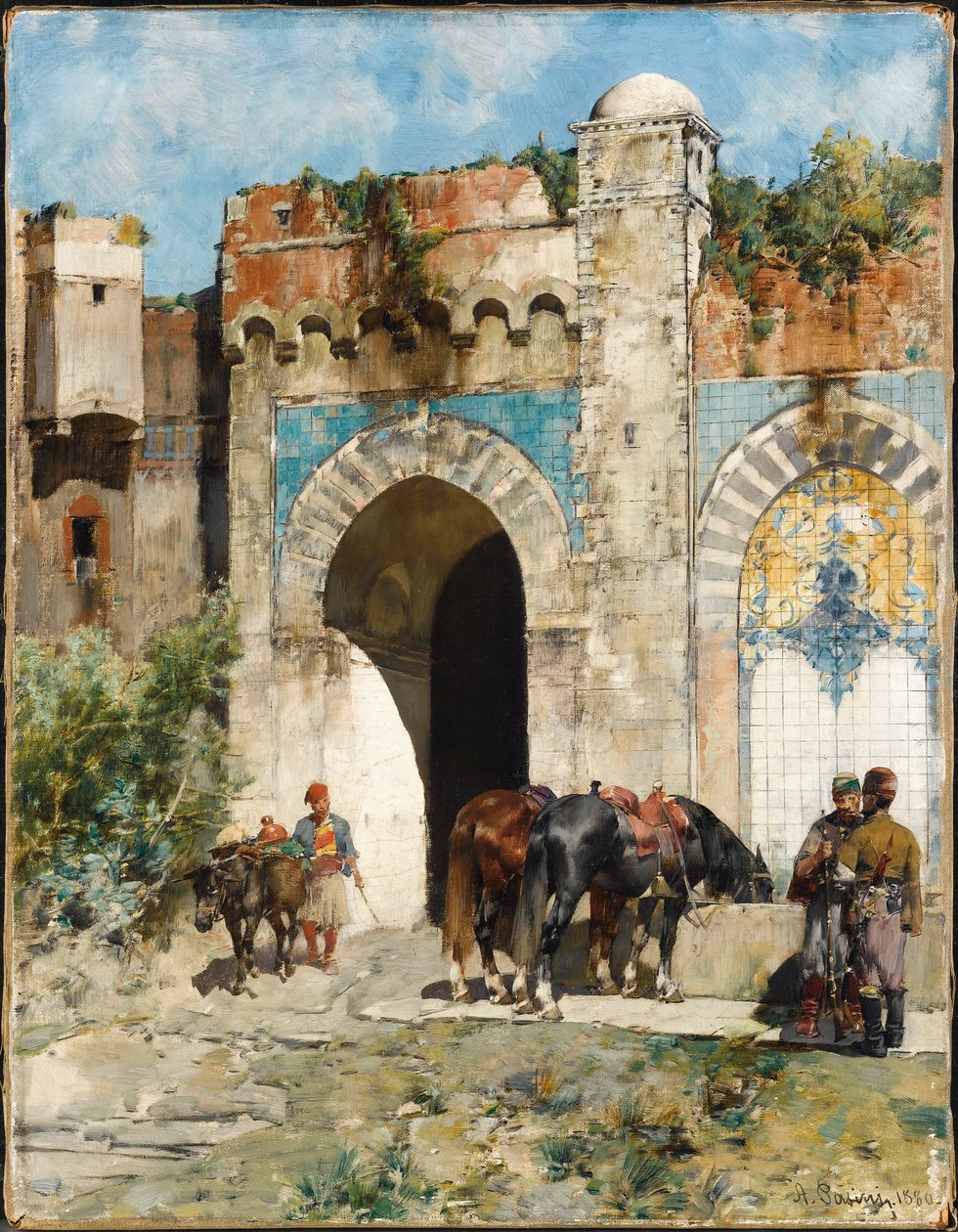 Podlewanie koni, 1880 autorstwa Alberto Pasini