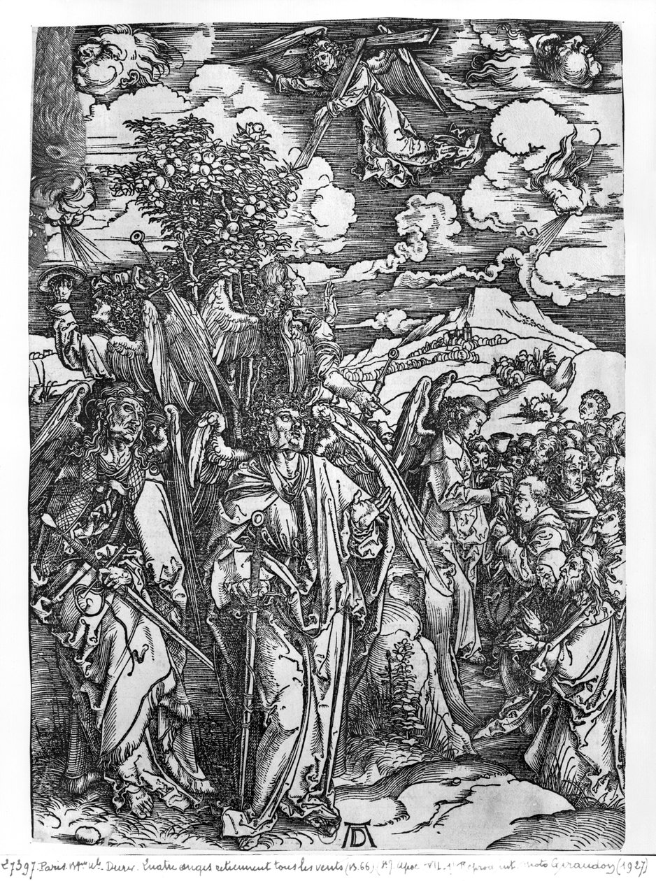 د Apocalypse څخه صحنه، څلور فرښتې چې بادونه لري، لاتیني نسخه، 1511 پولی autorstwa Albrecht Dürer