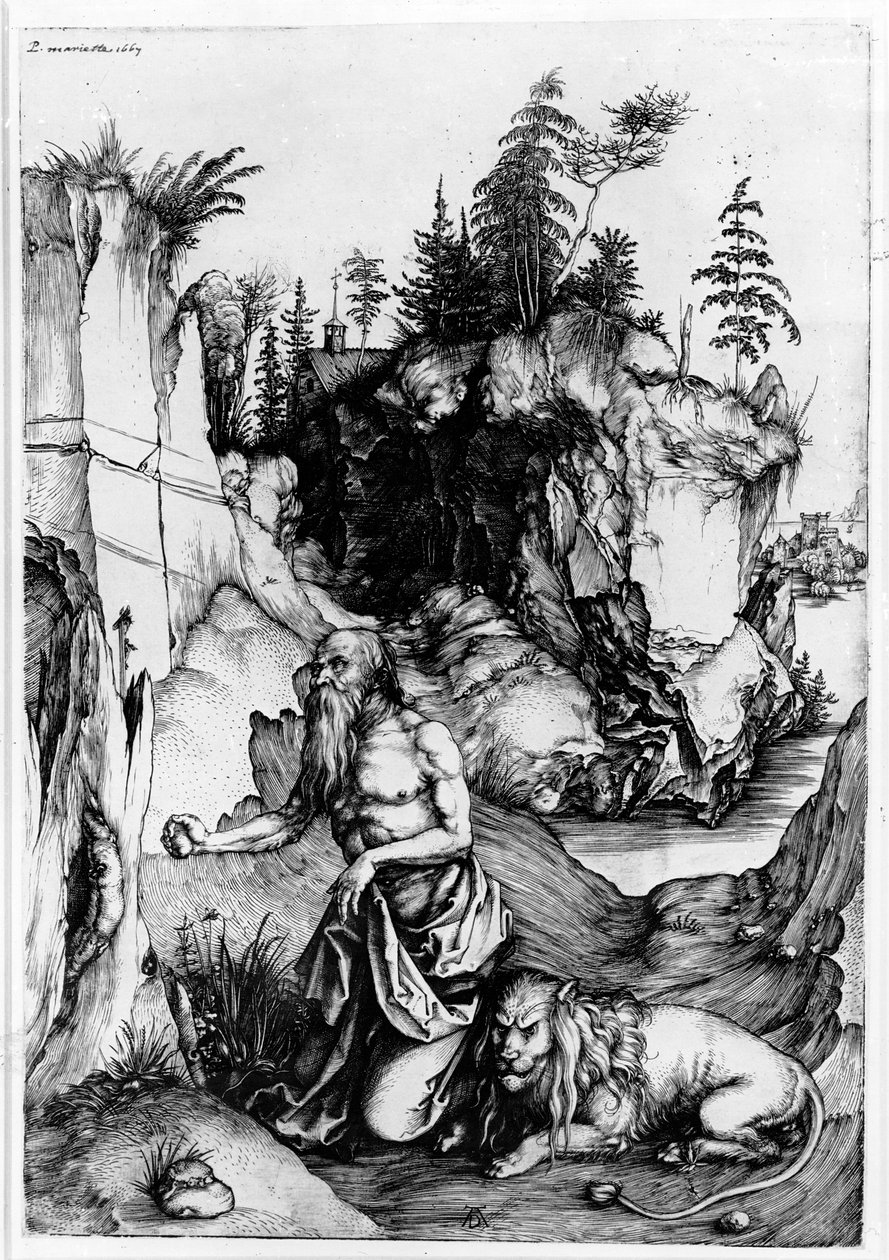 سینټ جیروم په ځنګل کې، c.1496 پولی autorstwa Albrecht Dürer