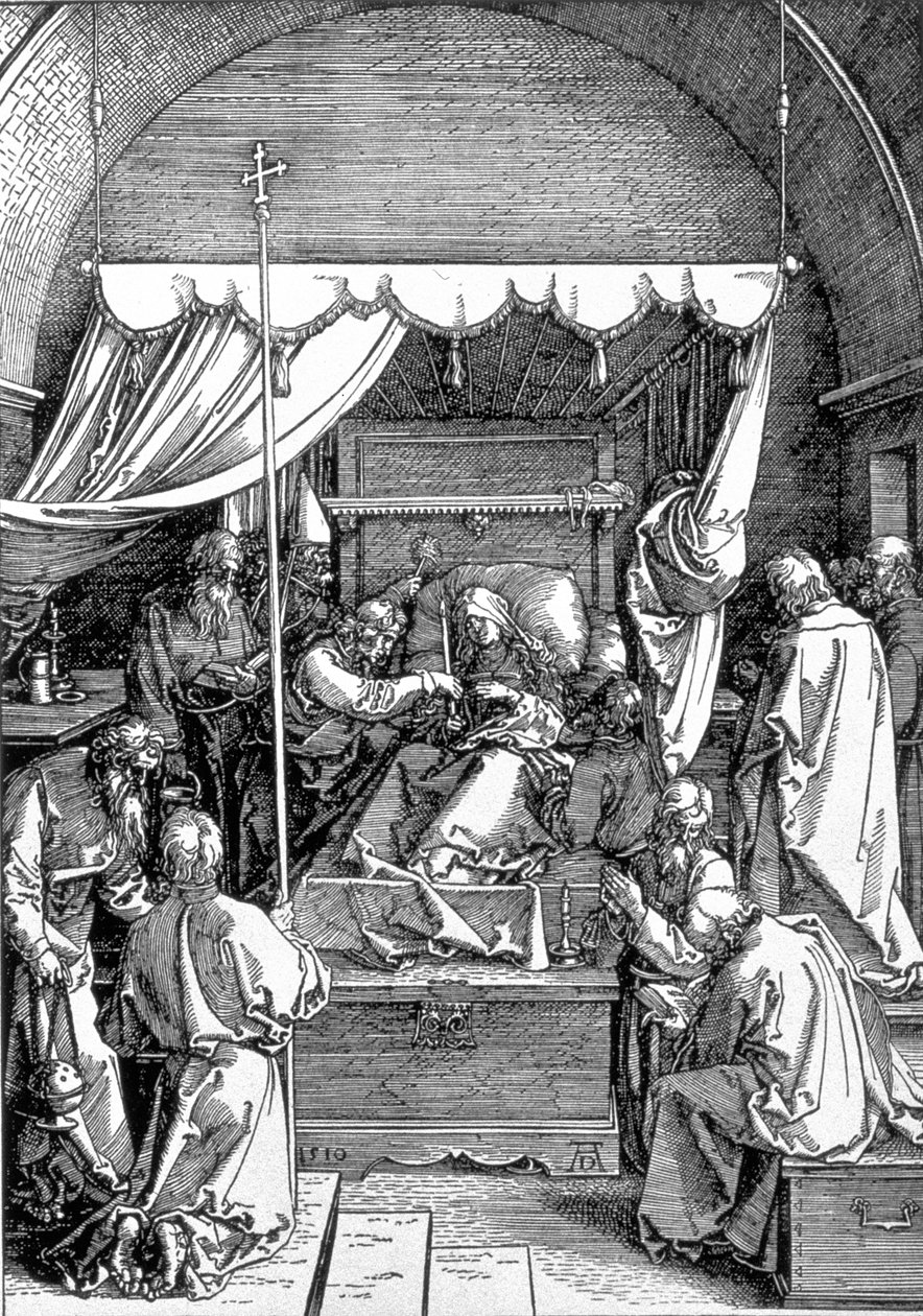 Śmierć Dziewicy z cyklu „Życie Dziewicy”, rycina 1510, wyd. 1511 autorstwa Albrecht Dürer