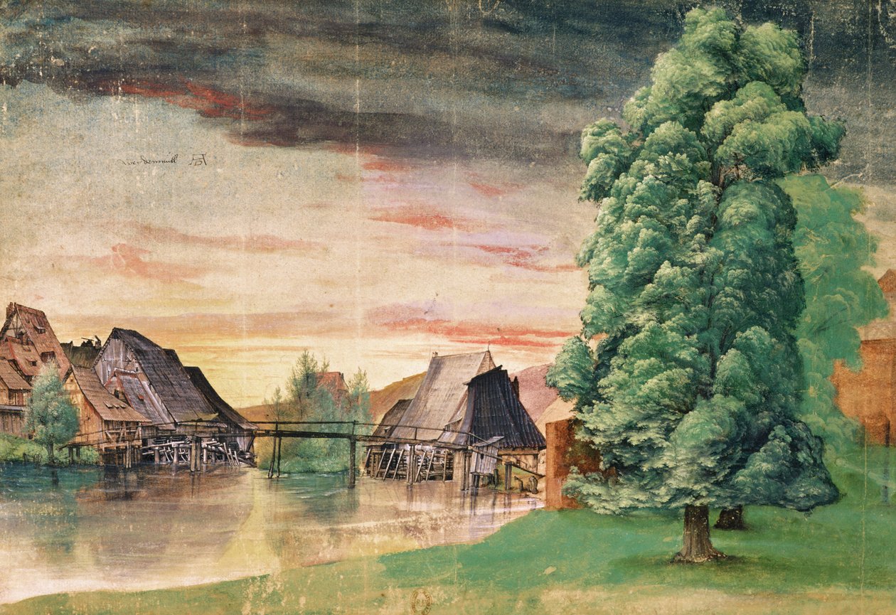 Młyn wodny, 1495-97 (pióro i atrament, gwasz i toaleta na papierze) autorstwa Albrecht Dürer