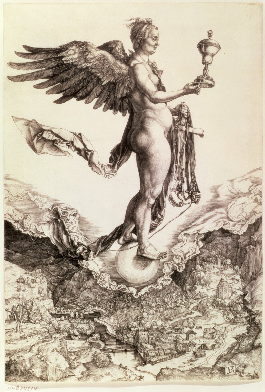 Nemezis, 1501-2 (grawerowanie liniowe) autorstwa Albrecht Dürer
