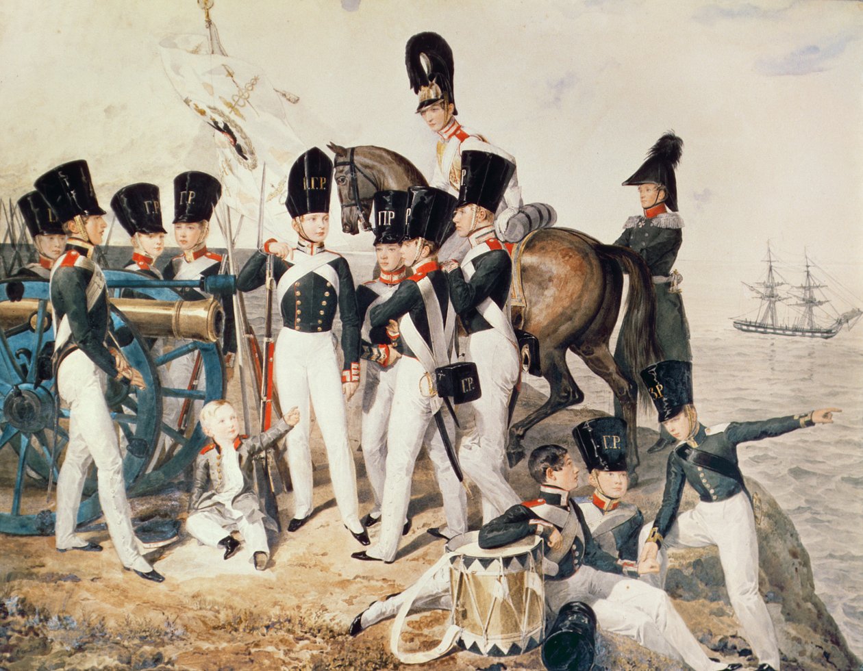 Carewicz Aleksander (1818–81) ze swoimi kadetami w Peterhofie, ok. 1823 r. autorstwa Aleksandr Pavlovich Bryullov