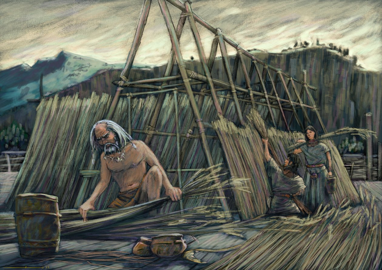 Budowa domów palafitów, domów prehistorycznych. autorstwa Alessandro Lonati