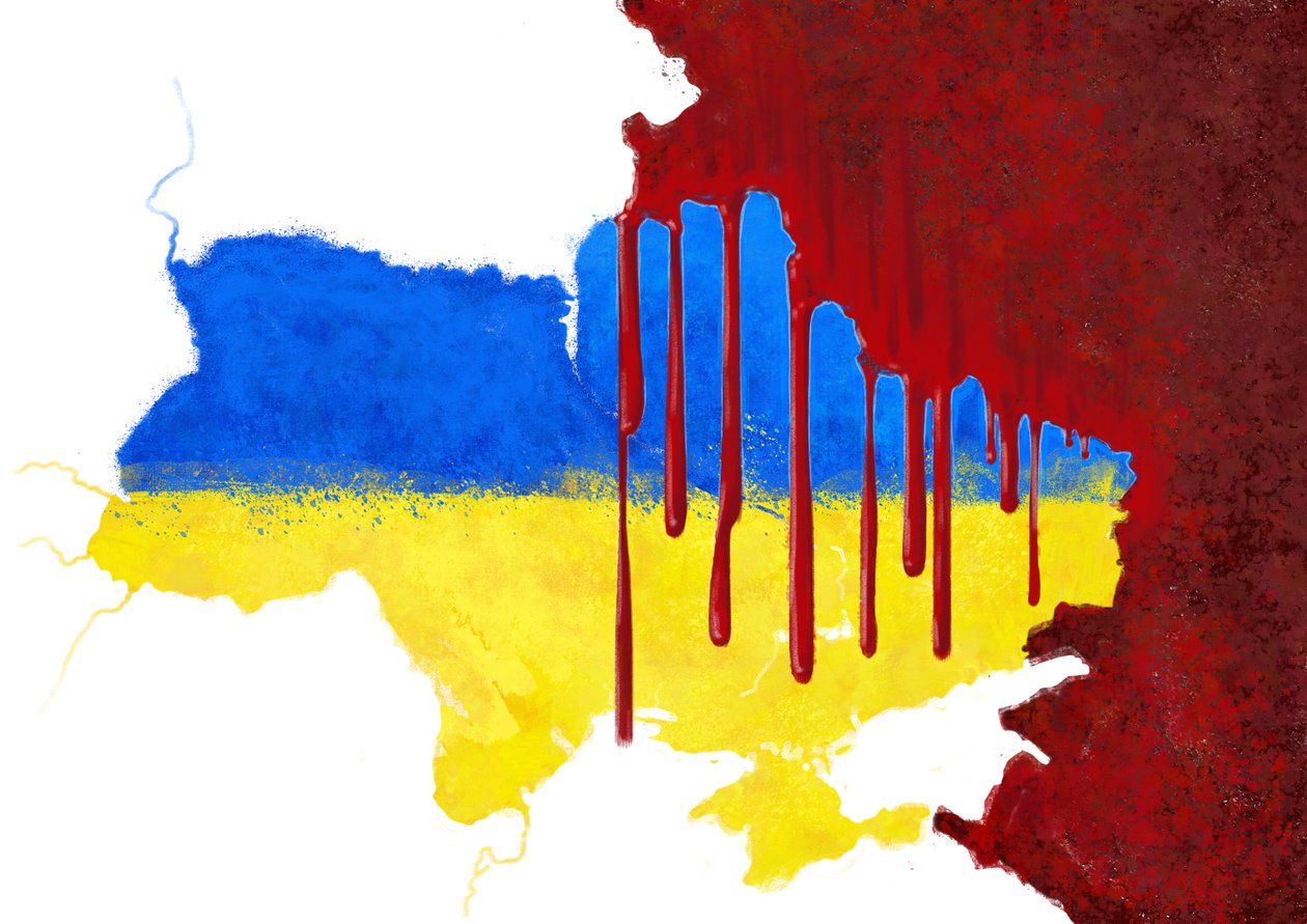 Ukraina zakrwawiona przez Rosję, 2022 (ilustracja) autorstwa Alessandro Lonati