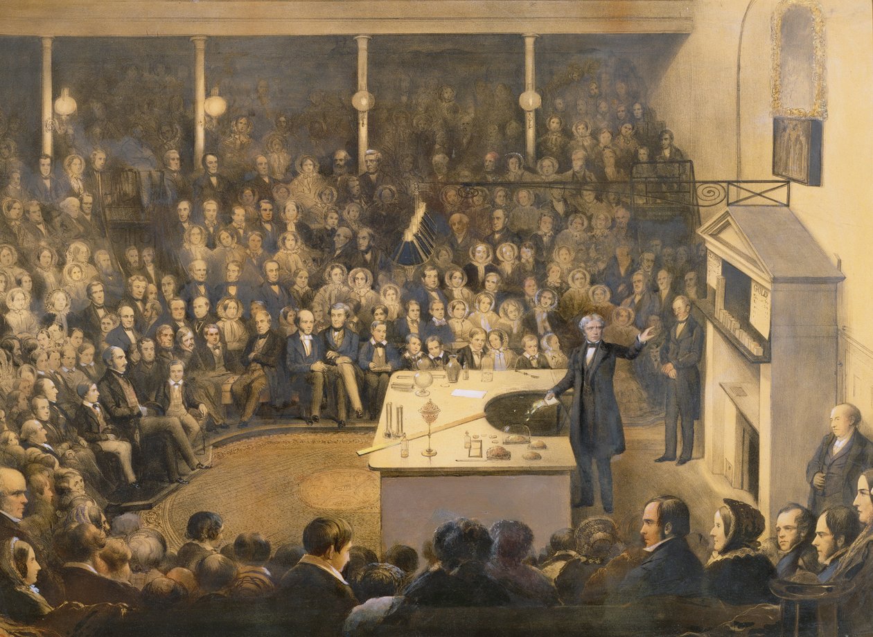 Michael Faraday (1791-1867) Wykład w Teatrze przy Instytucie Królewskim, ok. 1856 (kolorowa litografia) autorstwa Alexander Blaikley