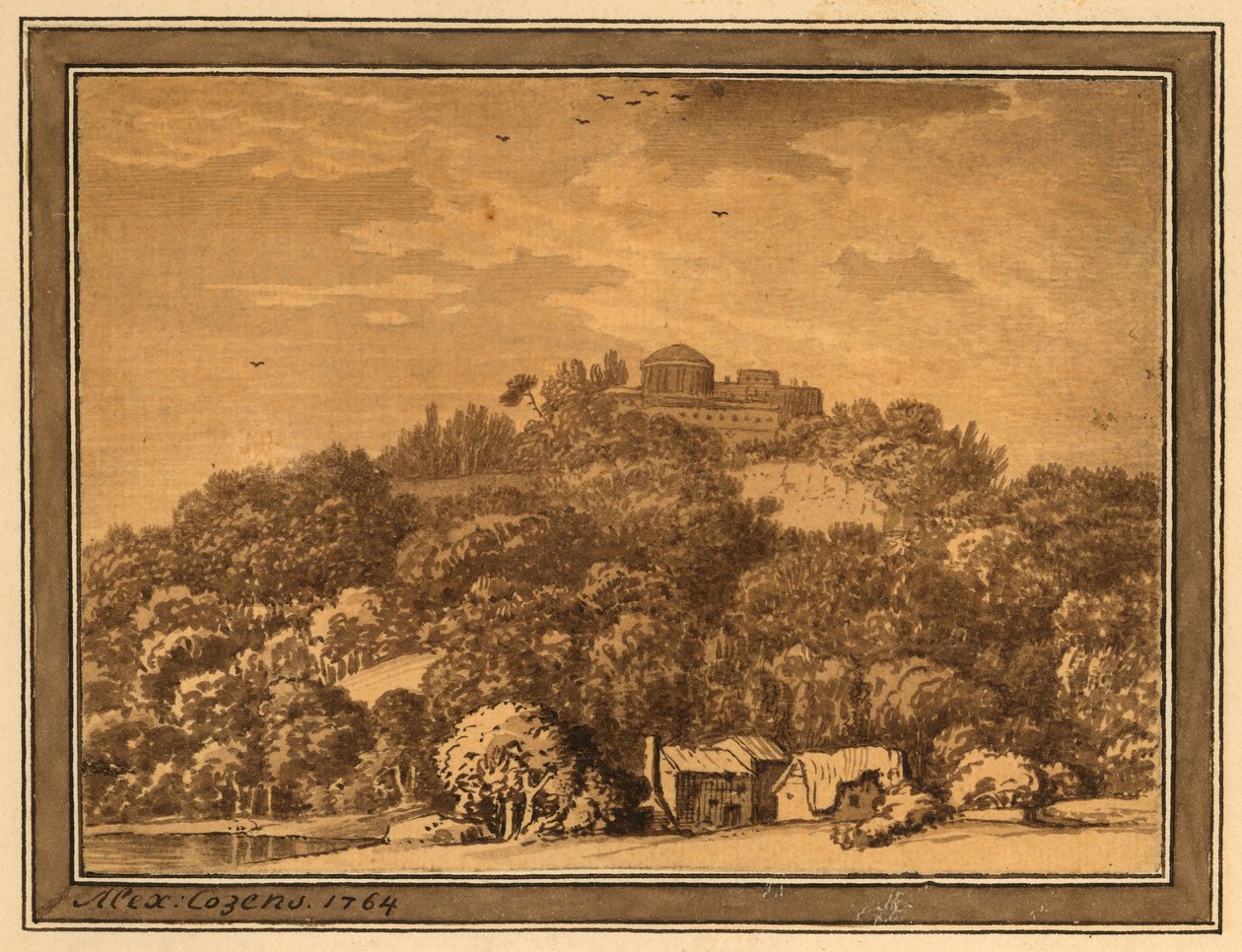 Krajobraz ze świątynią, 1764 (pranie na papierze) autorstwa Alexander Cozens