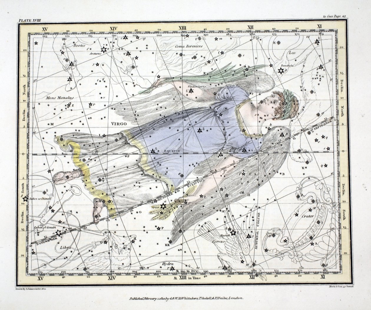 Konstelacje (tabl. XVIII) Panna, z „Atlasu niebieskiego” Aleksandra Jamiesona, wyd. Londyn 1822 (ręcznie kolorowane grawerowanie) autorstwa Alexander Jamieson