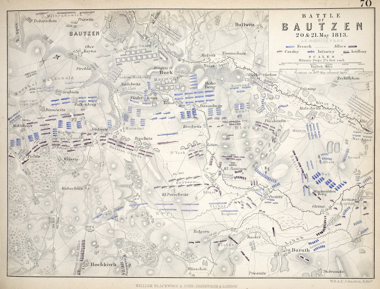 Mapa bitwy pod Budziszynem, wydana przez Williama Blackwooda i Synów, Edynburg i Londyn, 1848 (rycina ręcznie kolorowana) autorstwa Alexander Keith Johnston
