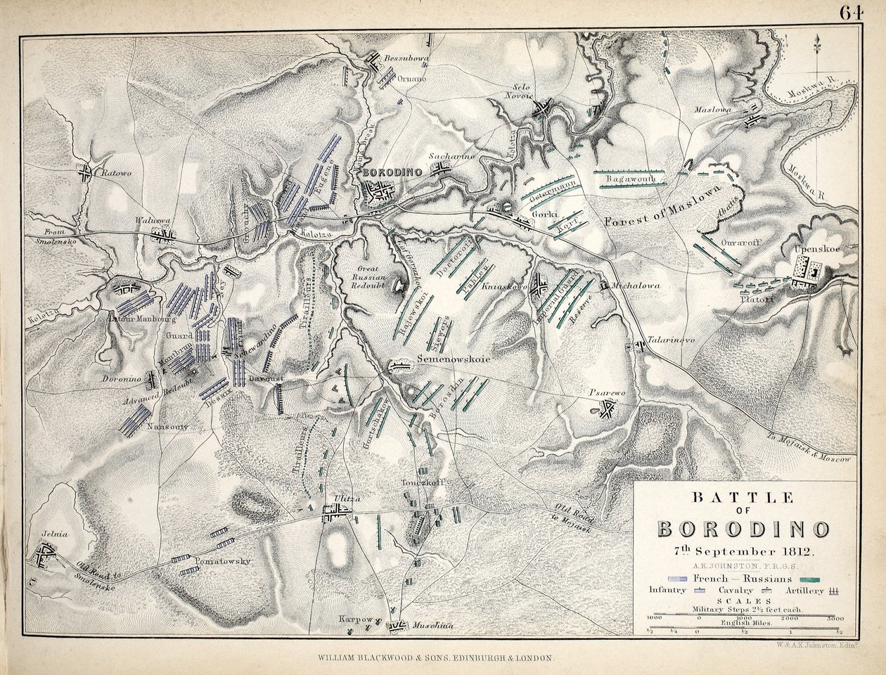 Mapa bitwy pod Borodino, wydana przez William Blackwood and Sons, Edinburgh i Londyn, 1848 (rycina ręcznie kolorowana) autorstwa Alexander Keith Johnston