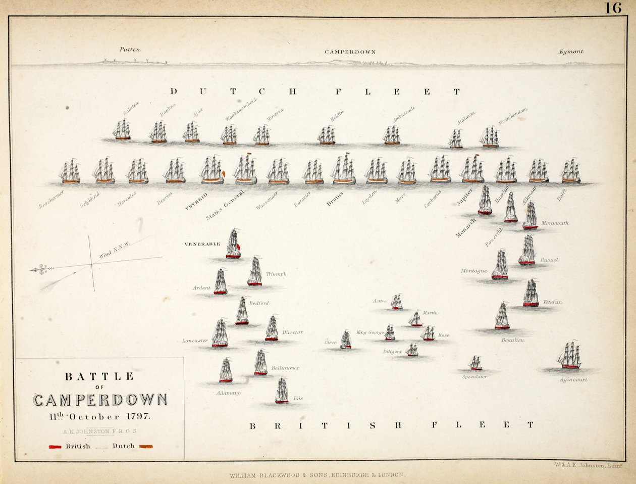 Mapa bitwy pod Camperdown, opublikowana przez Williama Blackwooda i Synów, Edynburg i Londyn, 1848 (rycina ręcznie kolorowana) autorstwa Alexander Keith Johnston