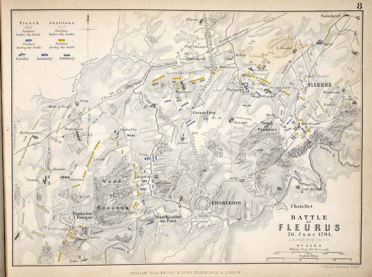 Mapa bitwy pod Fleurus, opublikowana przez Williama Blackwooda i Synów, Edynburg i Londyn, 1848 (rycina ręcznie kolorowana) autorstwa Alexander Keith Johnston