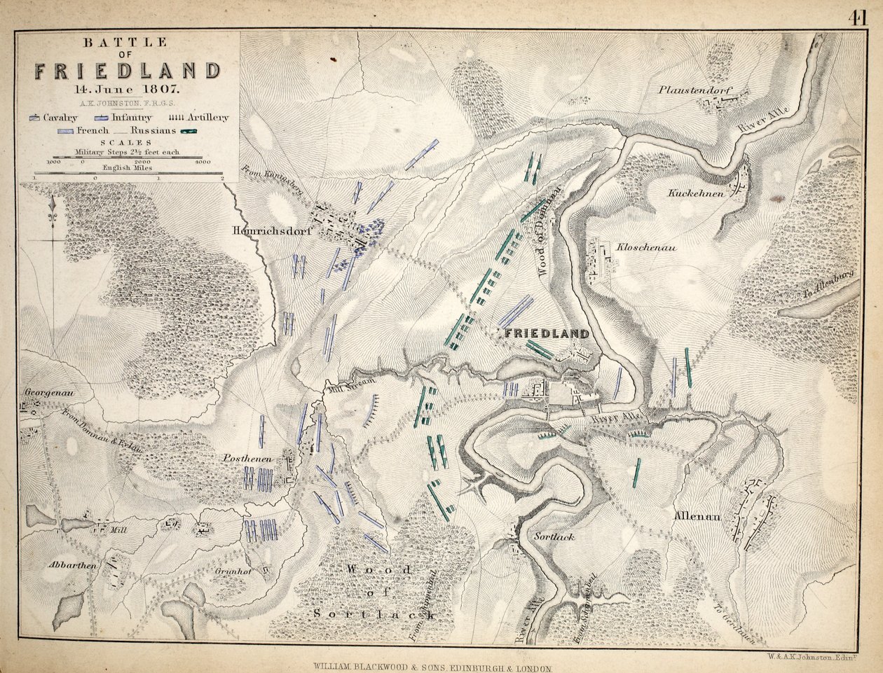 Mapa bitwy pod Friedlandem, opublikowana przez Williama Blackwooda i Synów, Edynburg i Londyn, 1848 (rycina ręcznie kolorowana) autorstwa Alexander Keith Johnston