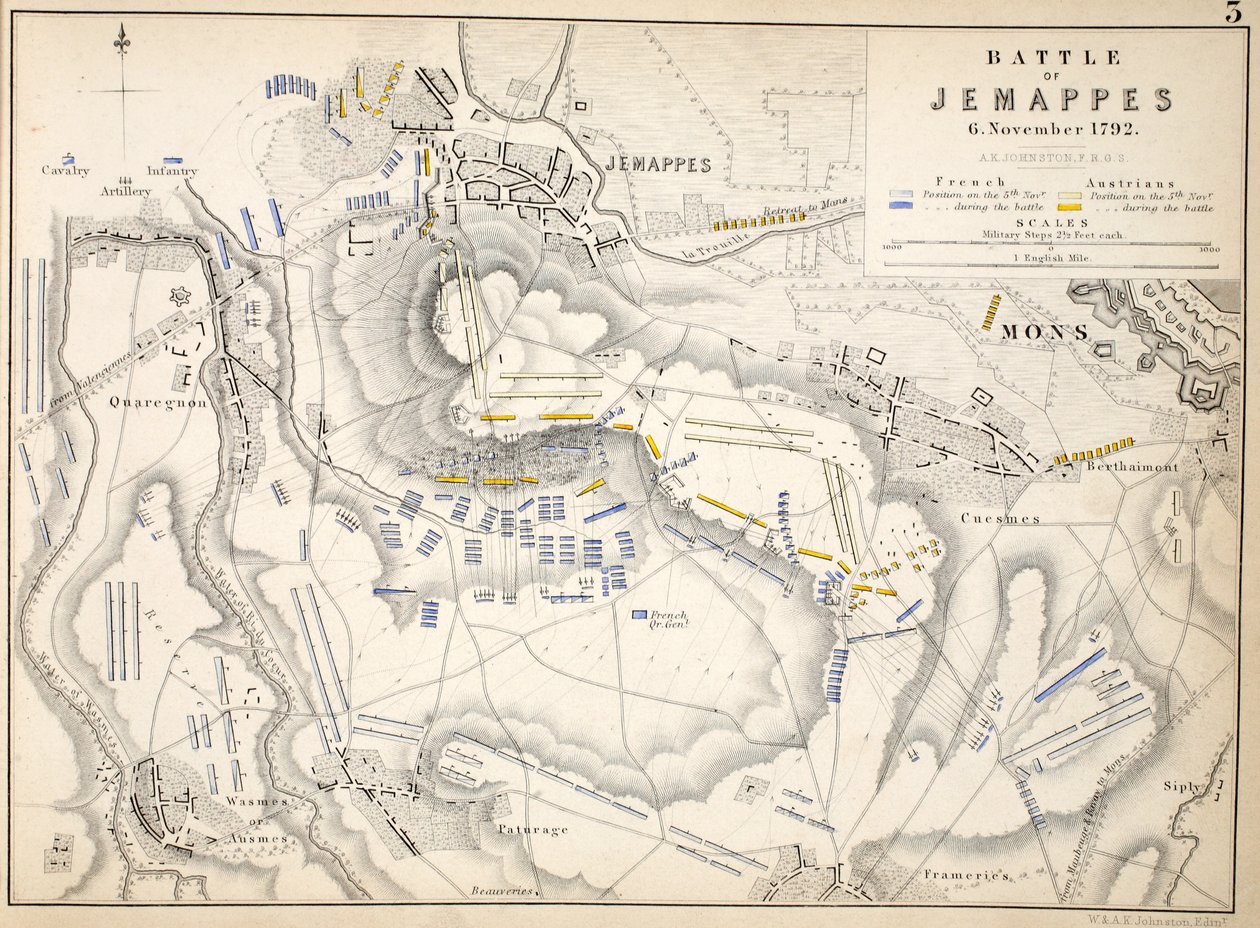 Mapa bitwy pod Jemappes, wydana przez William Blackwood and Sons, Edinburgh i Londyn, 1848 (rycina ręcznie kolorowana) autorstwa Alexander Keith Johnston